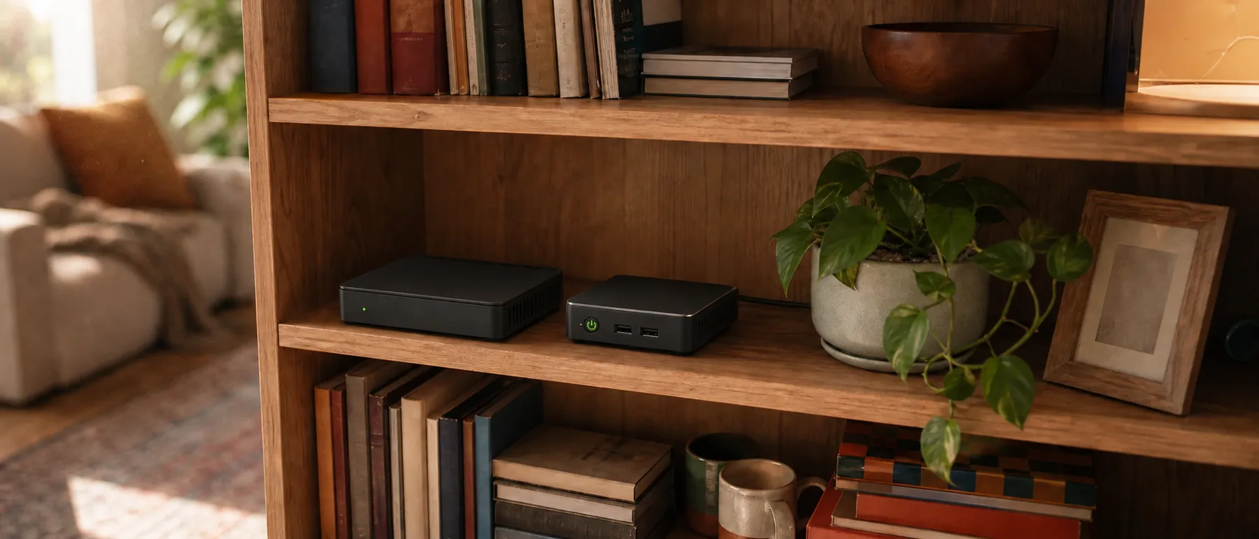 Both appliances side by side on a warm oak bookshelf in a family living room, among books, a pot plant and a framed photograph, with a sofa out of focus behind.
