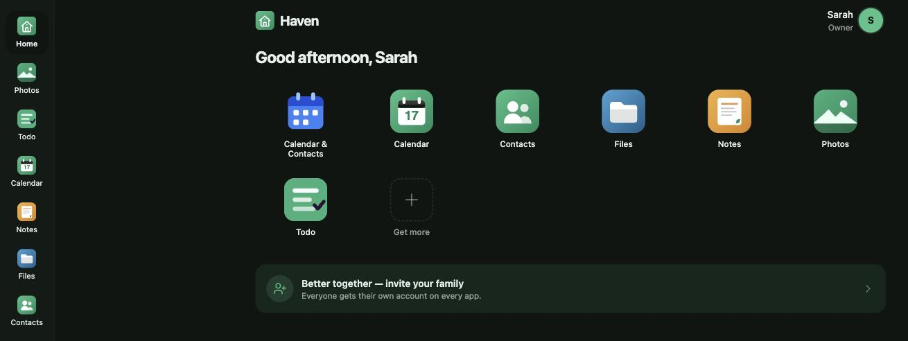 The Home Cloud home dashboard: an app rail down the left, and a grid of the family’s apps — Calendar and Contacts, Calendar, Contacts, Files, Notes, Photos and Todo — under the greeting “Good afternoon, Sarah”.